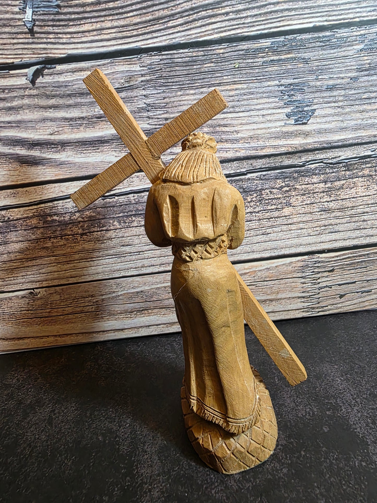 Antique Jesus Carrying Cross Olive Wood Figurine