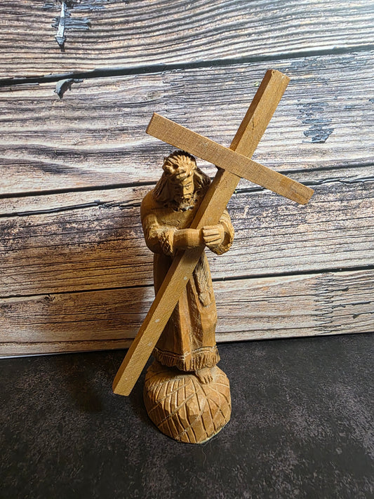 Antique Jesus Carrying Cross Olive Wood Figurine