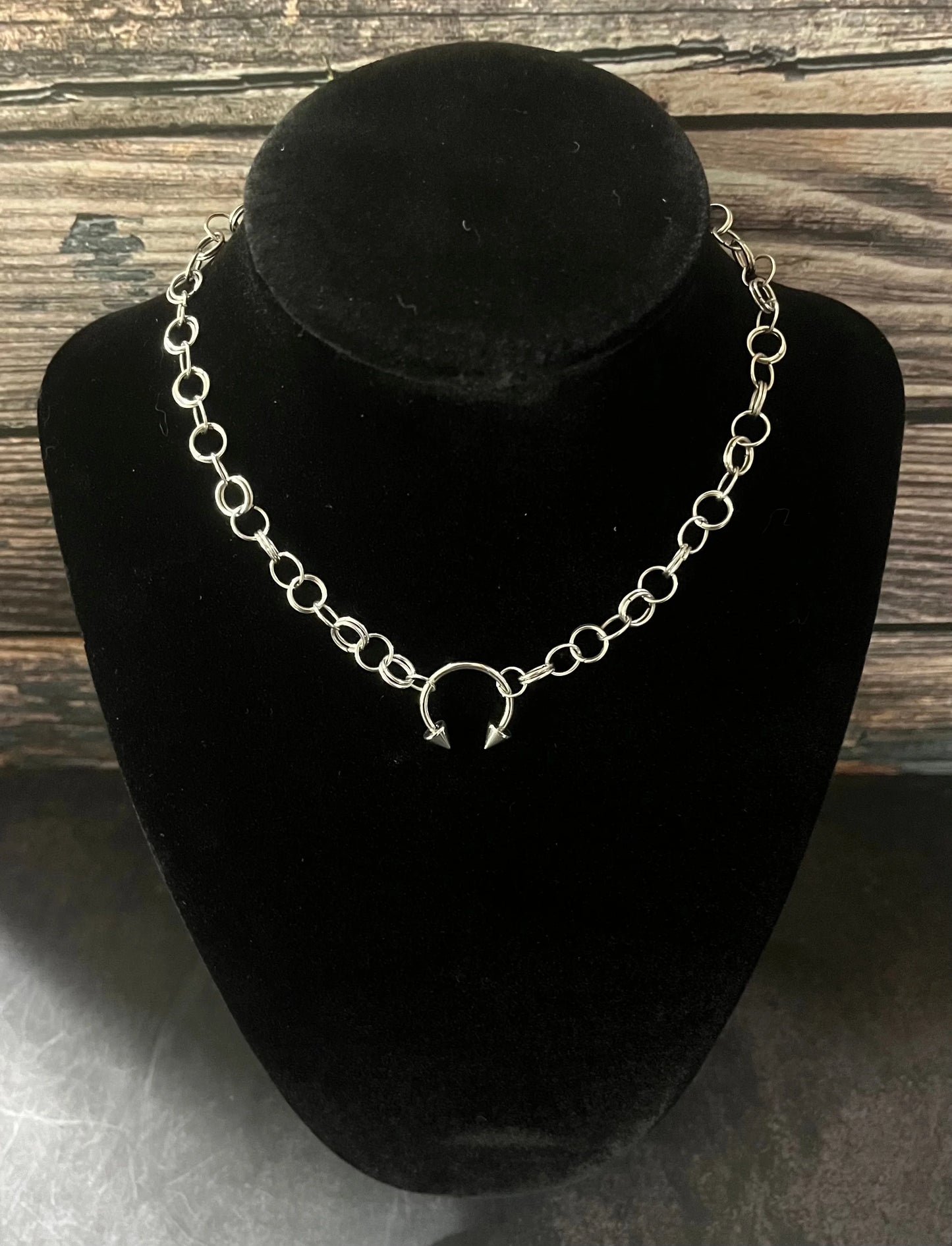 Silver Spiked Horseshoe Barbell Choker Necklace